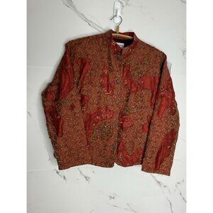Chinese Silk Mandarin Collar Jacket Red Paisley Embroidered, Patchwork, Boho,  M